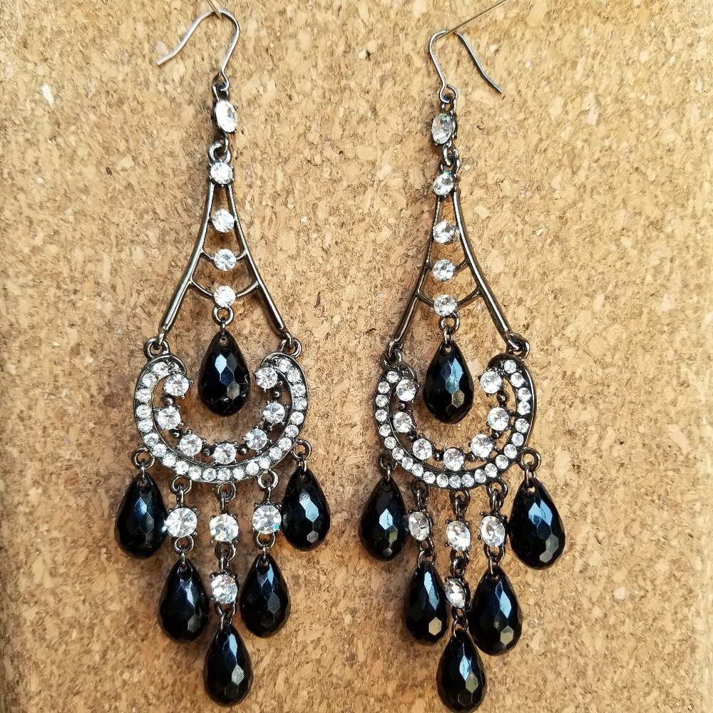 Large Black & Rhinestone Earrings